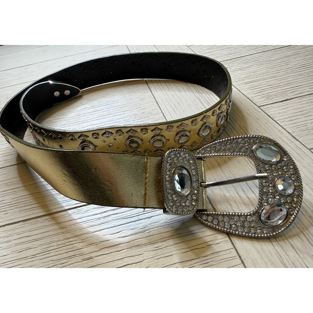 Metallic Gold Western Belt Rhinestone Studded Buckle & Accents 41" Length VTG 80